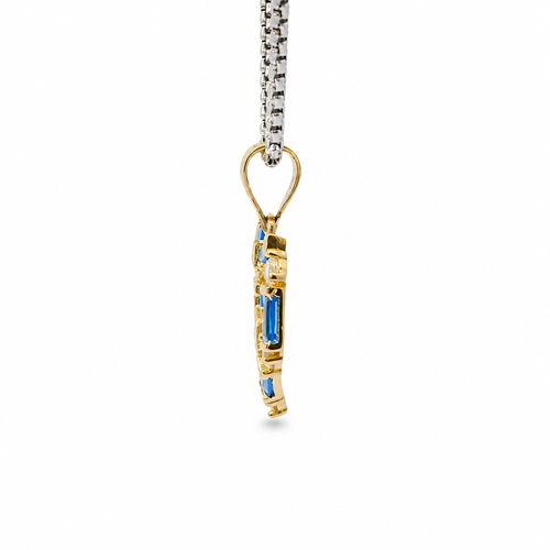 14KT Gold Charm Medium Quinceanera Open Heart with Royal Blue Baguette and White Round CZ Stones Outline with Plain Bell