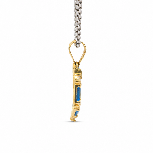 14KT Gold Charm Medium Quinceanera Open Heart with Royal Blue Baguette and White Round CZ Stones Outline with Plain Bell