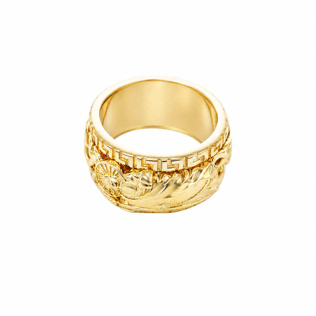 14KT Gold Ring Men's Band St. Jude Chino Link Spinner with Greek Border