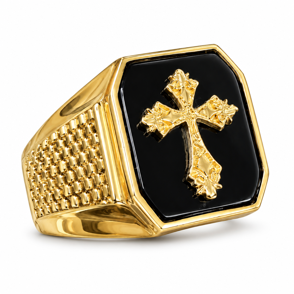 14KT Gold Ring Men's Jumbo Square Octagon Cross on Onyx Background with Plain Border Side Design Mock Watch Jubilee Band