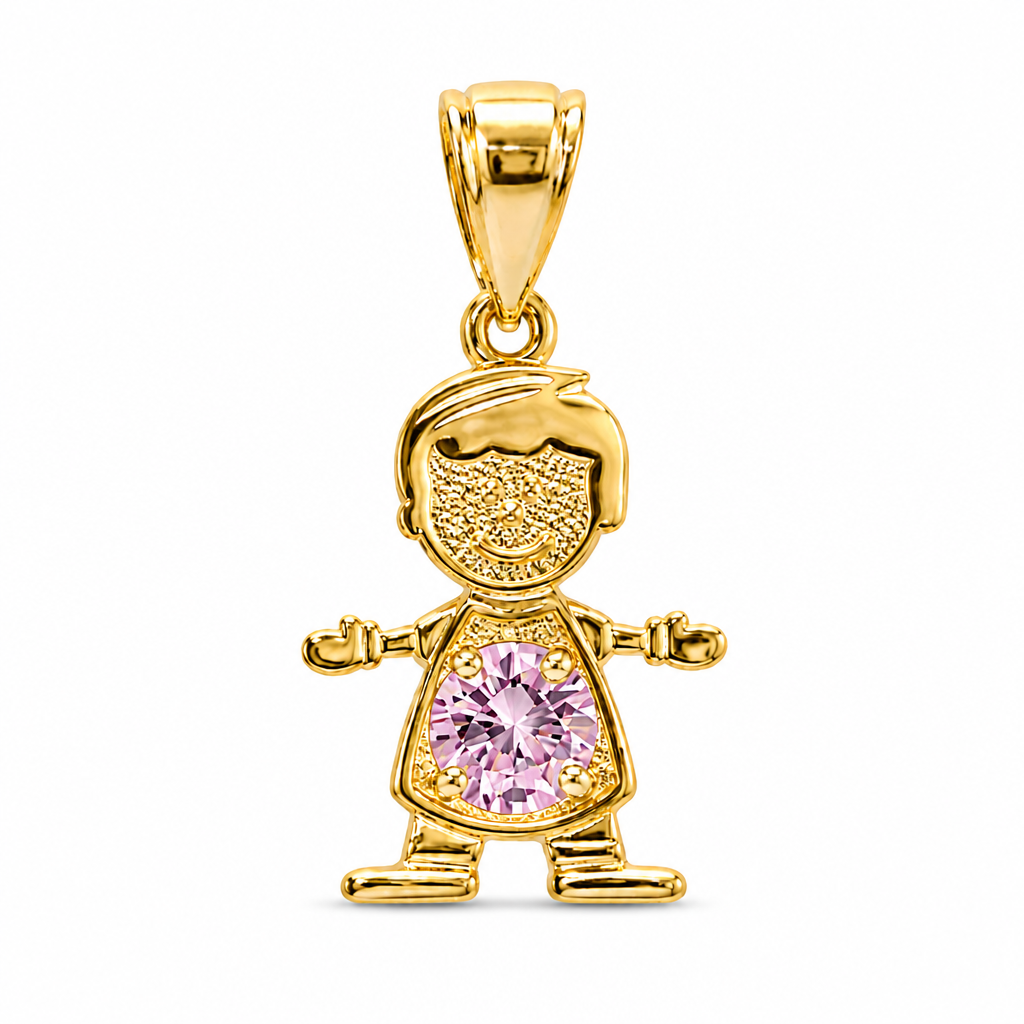 14KT Gold Charm Boy with Pink CZ Stone Belly and Plain Bell