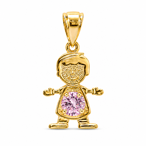 14KT Gold Charm Boy with Pink CZ Stone Belly and Plain Bell