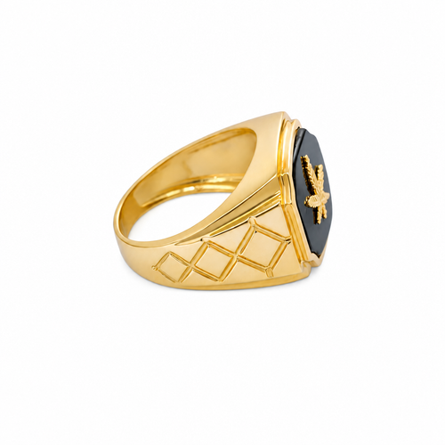 14KT Gold Ring Men's Square Onyx Marijuana Leaf with Plain Border Side Design Triple Stacked Rhombus