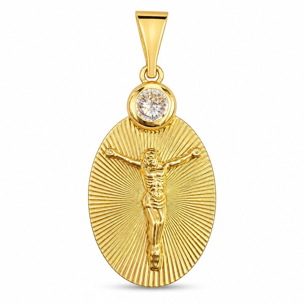14KT Gold Charm Medium Oval Crucifix Sunray Coin with White CZ Stone Top and Plain Bell