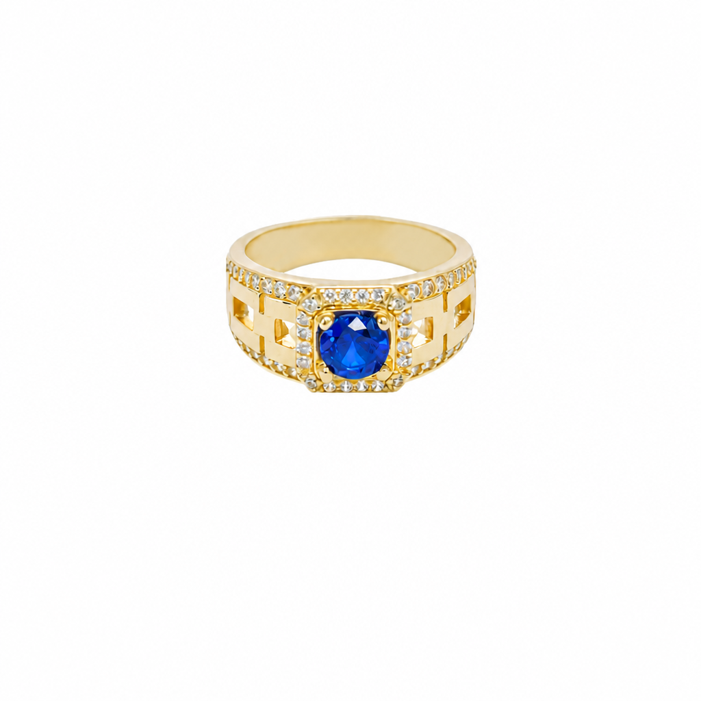 14KT Gold Ring Men's Blue Round CZ Center Stone Square White CZ Stone Border Band Design White CZ Stones Mariner Link