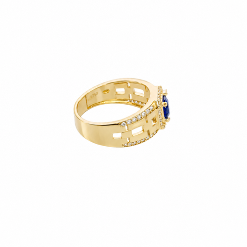 14KT Gold Ring Men's Blue Round CZ Center Stone Square White CZ Stone Border Band Design White CZ Stones Mariner Link