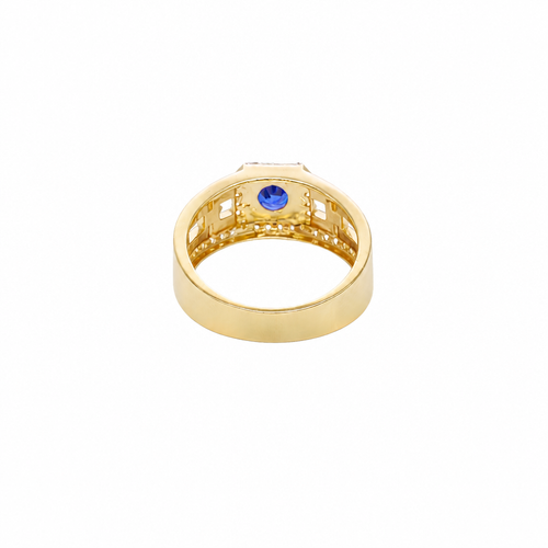 14KT Gold Ring Men's Blue Round CZ Center Stone Square White CZ Stone Border Band Design White CZ Stones Mariner Link