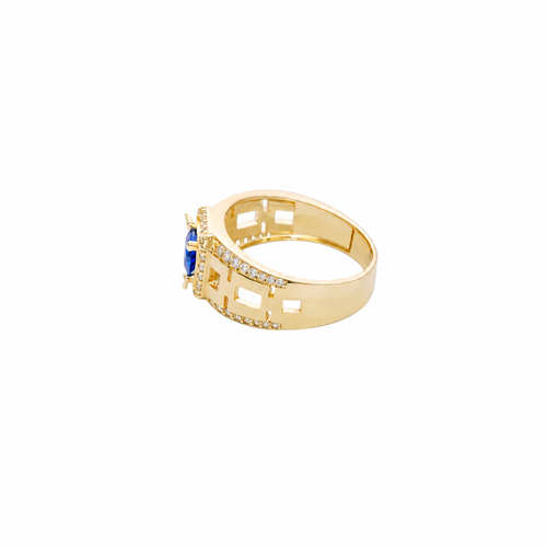 14KT Gold Ring Men's Blue Round CZ Center Stone Square White CZ Stone Border Band Design White CZ Stones Mariner Link
