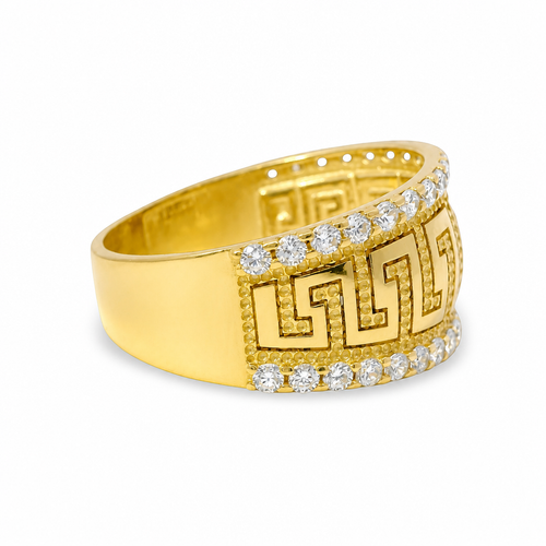 14KT Gold Ring Women's Jumbo Greek Center with White CZ Stones Top and Lower Borders Band