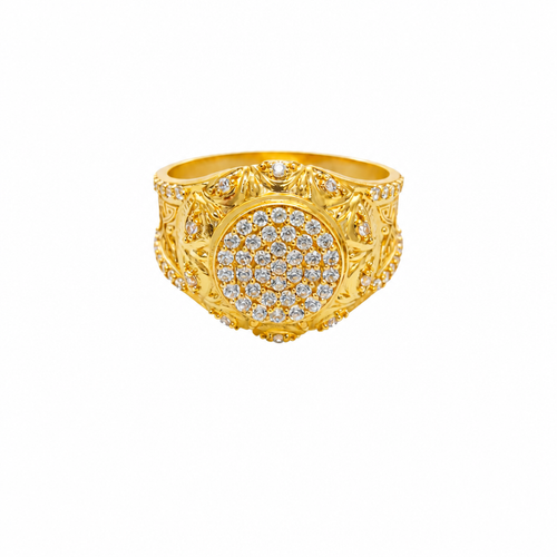 14KT Gold Ring Men's Round White CZ Stones Plain Border White CZ Stone Edge Shank CZ Stone Wreath above Abstract Butterfly Center with U-shaped White CZ Stone Border