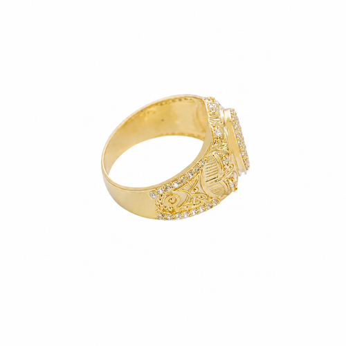 14KT Gold Ring Men's Round White CZ Stones Plain Border White CZ Stone Edge Shank CZ Stone Wreath above Abstract Butterfly Center with U-shaped White CZ Stone Border