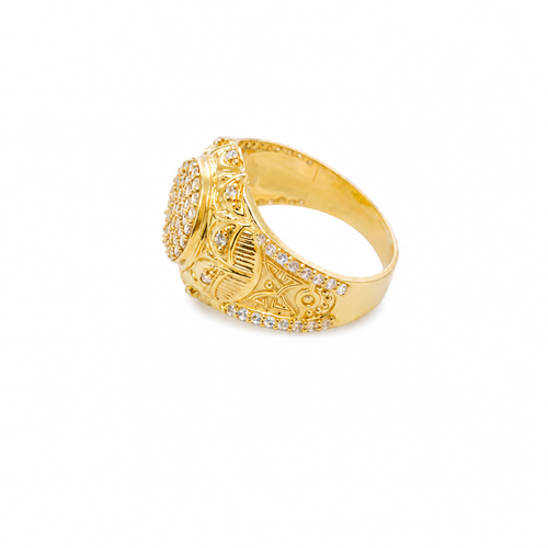 14KT Gold Ring Men's Round White CZ Stones Plain Border White CZ Stone Edge Shank CZ Stone Wreath above Abstract Butterfly Center with U-shaped White CZ Stone Border