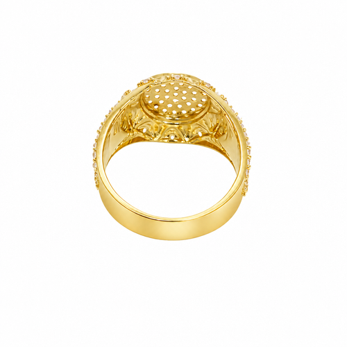 14KT Gold Ring Men's Round White CZ Stones Plain Border White CZ Stone Edge Shank CZ Stone Wreath above Abstract Butterfly Center with U-shaped White CZ Stone Border