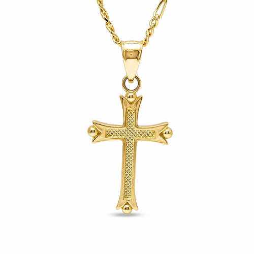 14KT Gold Charm Extra Small Dot End Split Tip Cross with Stripe Back, Lattice Front, and Plain Bell