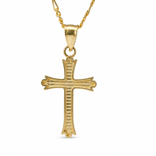 14KT Gold Charm Extra Small Dot End Split Tip Cross with Stripe Back, Lattice Front, and Plain Bell