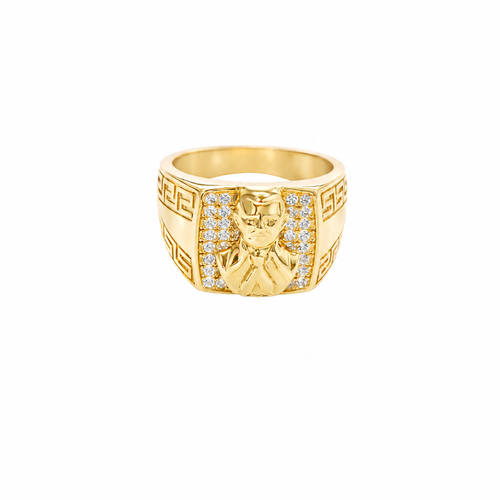 14K Gold Ring Men's Square Malverde with Eight Rows of White CZ Stones Greek Style V Shape on Each of the Sides