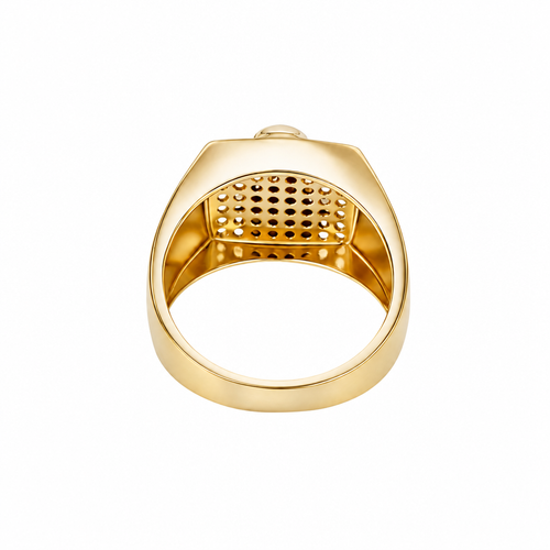 14K Gold Ring Men's Square Malverde with Eight Rows of White CZ Stones Greek Style V Shape on Each of the Sides