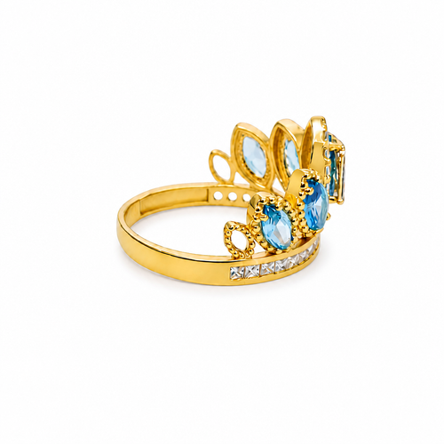 14KT Gold Ring Women's "15" Quinceanera Crown Turquoise CZ Stones with White Square CZ Stones Band Plain Shank