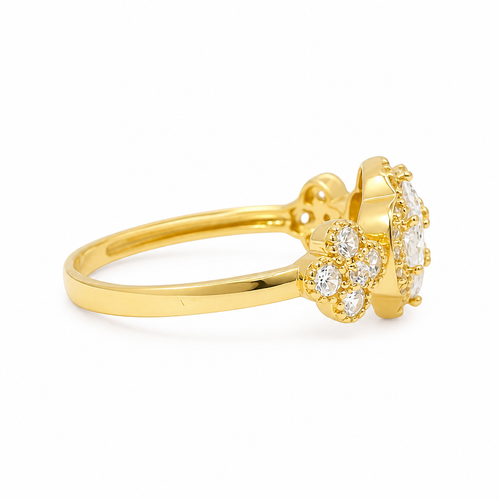 14KT Gold Ring Women's Jumbo Flower White Square CZ Stone Center Four White CZ Stone Oval Petals with Two White CZ Stone Side Flowers and Borders with Plain Band