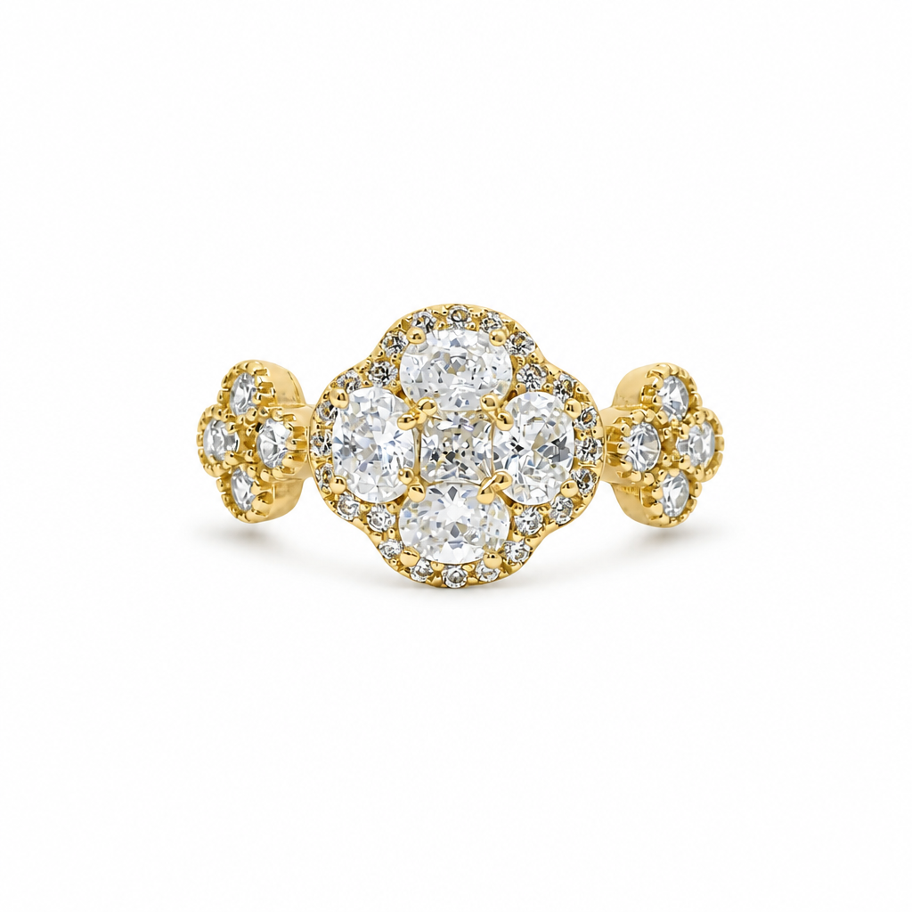 14KT Gold Ring Women's Jumbo Flower White Square CZ Stone Center Four White CZ Stone Oval Petals with Two White CZ Stone Side Flowers and Borders with Plain Band