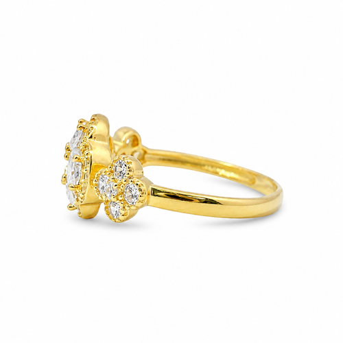 14KT Gold Ring Women's Jumbo Flower White Square CZ Stone Center Four White CZ Stone Oval Petals with Two White CZ Stone Side Flowers and Borders with Plain Band