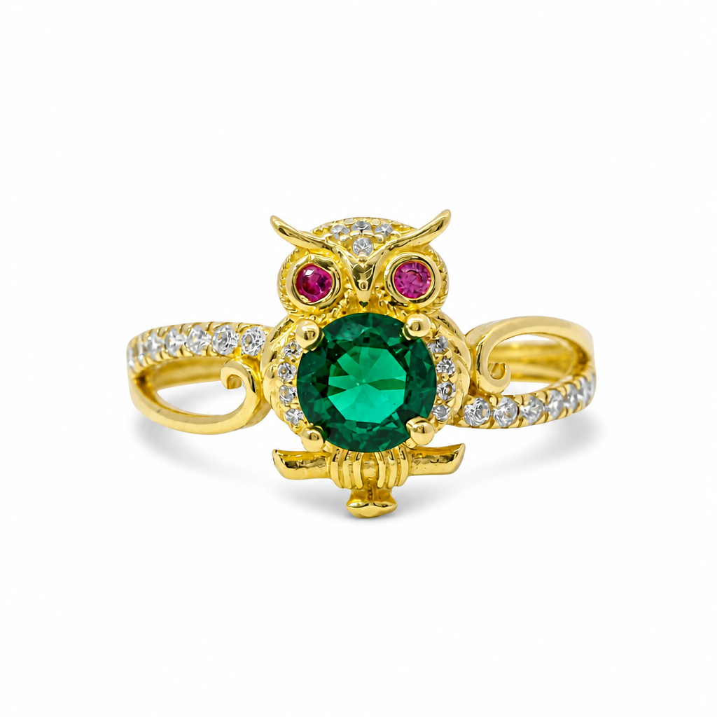 14KT Gold Ring Women's Owl Center with Green CZ Stone Belly, Red CZ Eyes, and White CZ Stone Split Band