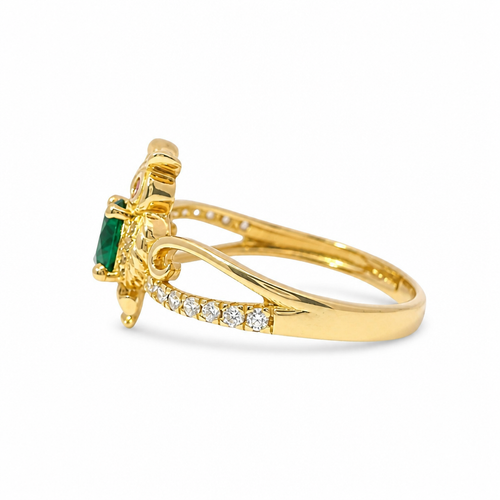 14KT Gold Ring Women's Owl Center with Green CZ Stone Belly, Red CZ Eyes, and White CZ Stone Split Band