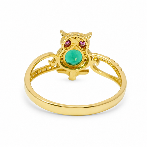 14KT Gold Ring Women's Owl Center with Green CZ Stone Belly, Red CZ Eyes, and White CZ Stone Split Band
