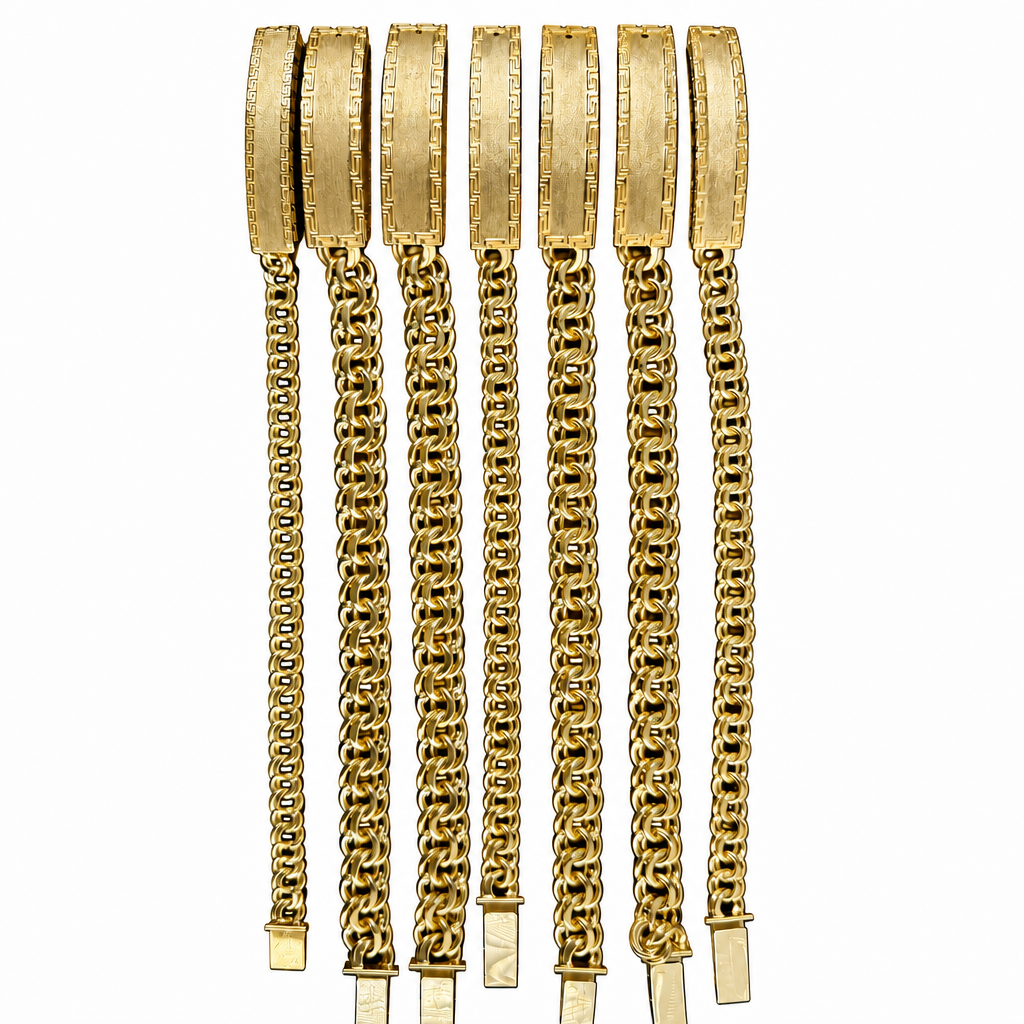 14KT Gold Bracelet Hollow Chino Band with Greek Border Name Plate 6mm