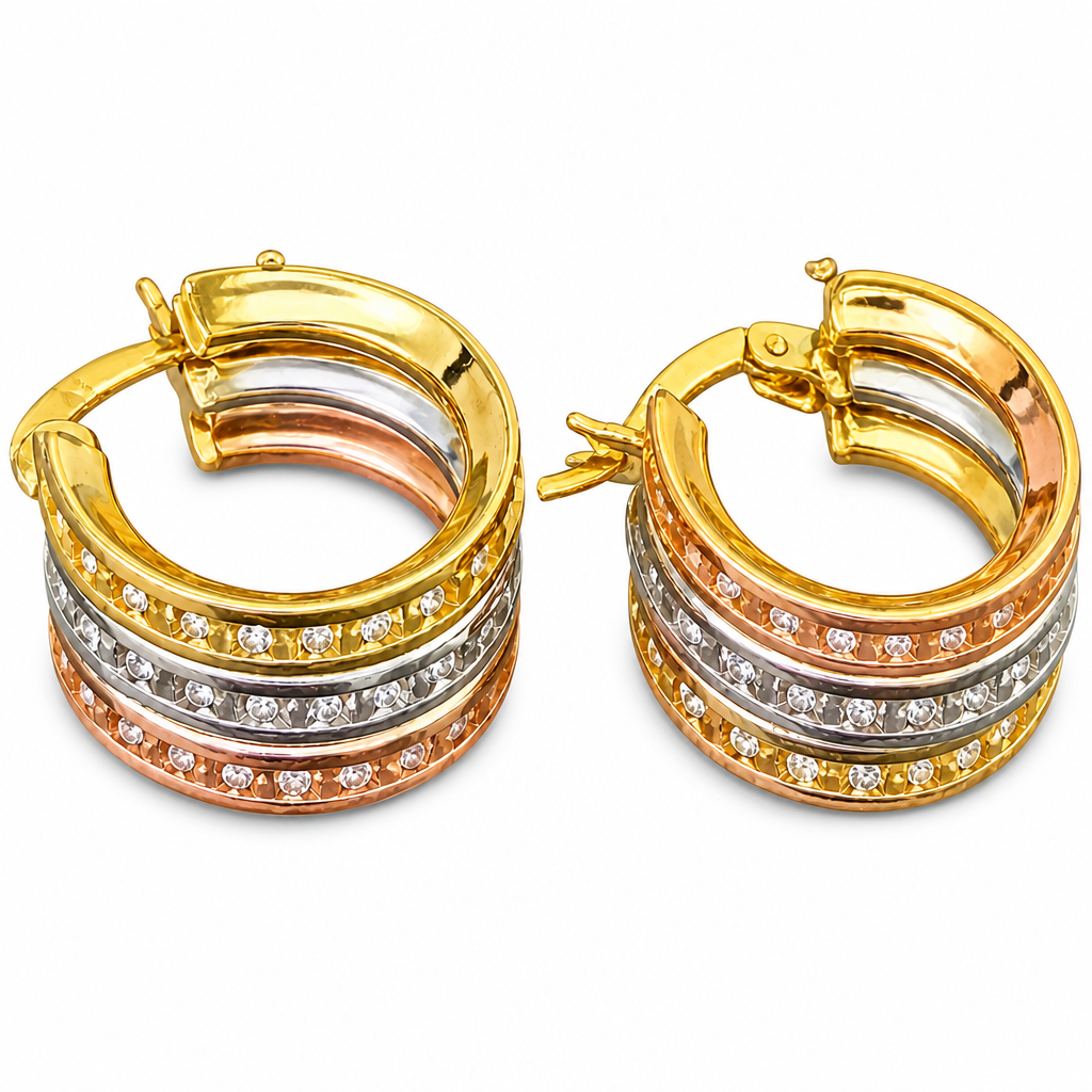 14KT Gold Earrings Hoops Small Round Stacked Tri Tone Hoops with White CZ Stones and Saddleback Hinge Closure