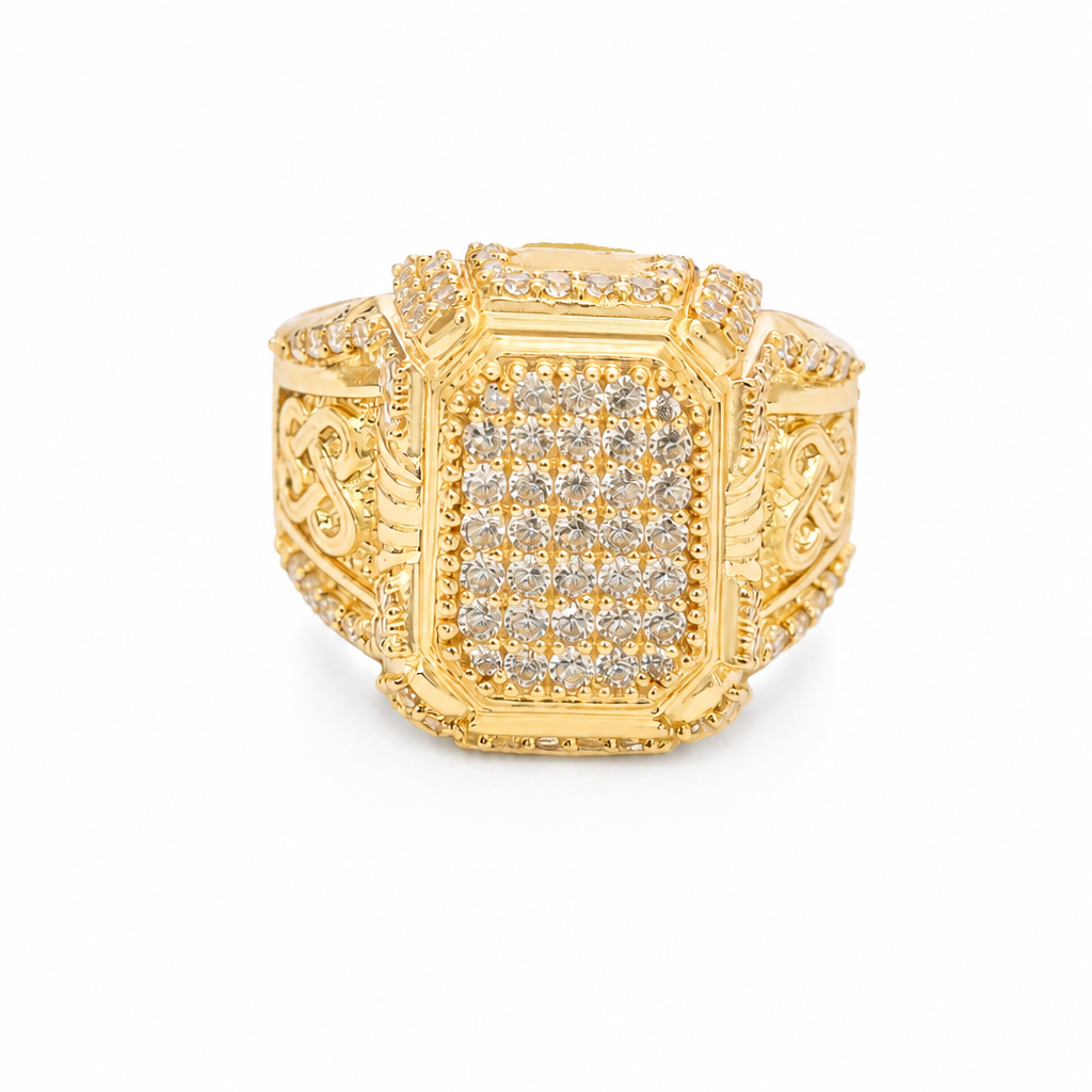 14KT Gold Ring Men's Rectangle Double Platform Seven Rows of Five White CZ Stone Cluster Center with Triple Row of Seven White CZ Stones on Edges Seven White CZ Stones Corners and Infinity Loop Knot on Sides