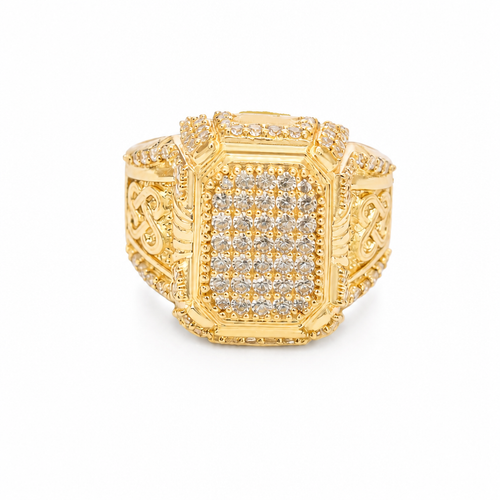 14KT Gold Ring Men's Rectangle Double Platform Seven Rows of Five White CZ Stone Cluster Center with Triple Row of Seven White CZ Stones on Edges Seven White CZ Stones Corners and Infinity Loop Knot on Sides