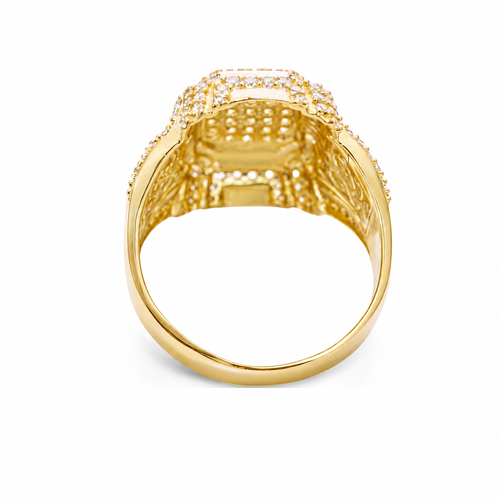 14KT Gold Ring Men's Rectangle Double Platform Seven Rows of Five White CZ Stone Cluster Center with Triple Row of Seven White CZ Stones on Edges Seven White CZ Stones Corners and Infinity Loop Knot on Sides
