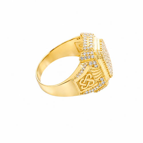 14KT Gold Ring Men's Rectangle Double Platform Seven Rows of Five White CZ Stone Cluster Center with Triple Row of Seven White CZ Stones on Edges Seven White CZ Stones Corners and Infinity Loop Knot on Sides