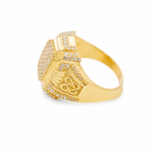 14KT Gold Ring Men's Rectangle Double Platform Seven Rows of Five White CZ Stone Cluster Center with Triple Row of Seven White CZ Stones on Edges Seven White CZ Stones Corners and Infinity Loop Knot on Sides
