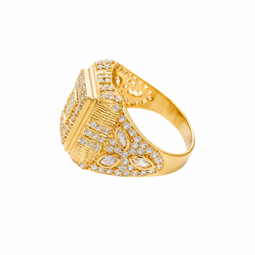 14KT Gold Ring Men's Rectangle Raised White CZ Center Stone Plain Border White CZ Stone Head Plain Border Shank Design Triple Row Stones Above Marquise Flower Shape Stones Plain Border CZ Stone Galaxy Pattern