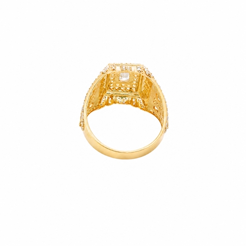 14KT Gold Ring Men's Rectangle Raised White CZ Center Stone Plain Border White CZ Stone Head Plain Border Shank Design Triple Row Stones Above Marquise Flower Shape Stones Plain Border CZ Stone Galaxy Pattern