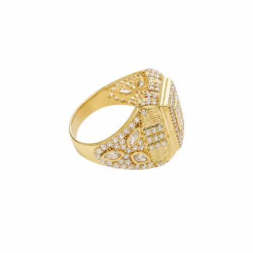 14KT Gold Ring Men's Rectangle Raised White CZ Center Stone Plain Border White CZ Stone Head Plain Border Shank Design Triple Row Stones Above Marquise Flower Shape Stones Plain Border CZ Stone Galaxy Pattern