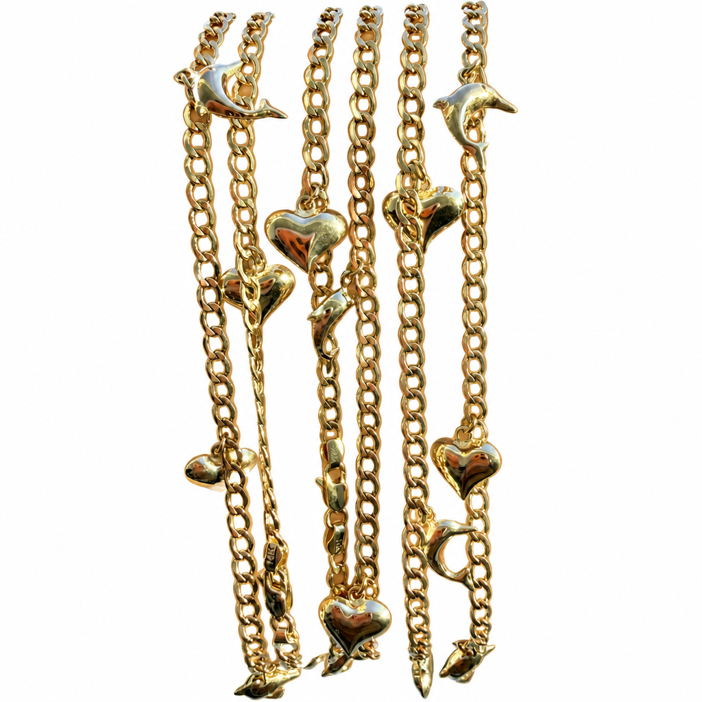 14KT Gold Hollow Curb Anklet with Puff Dolphin and Heart Charms 4.5mm