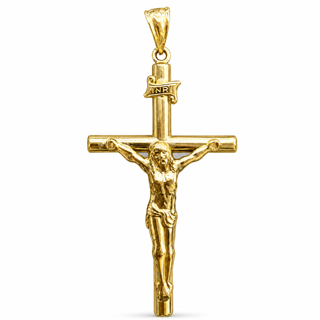14KT Gold Charm 2XL Hollow Tube Plain Flat Crucifix Cross Straight Ends with Plain Bell
