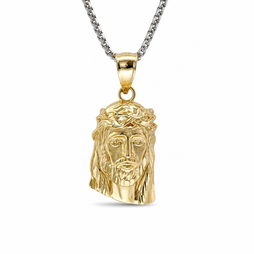 14KT Gold Charm Extra Small Diamond Cut Slant Bottom Jesus Head Front Portrait with Plain Bell