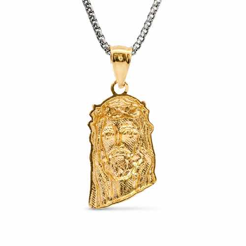 14KT Gold Charm Extra Small Diamond Cut Slant Bottom Jesus Head Front Portrait with Plain Bell
