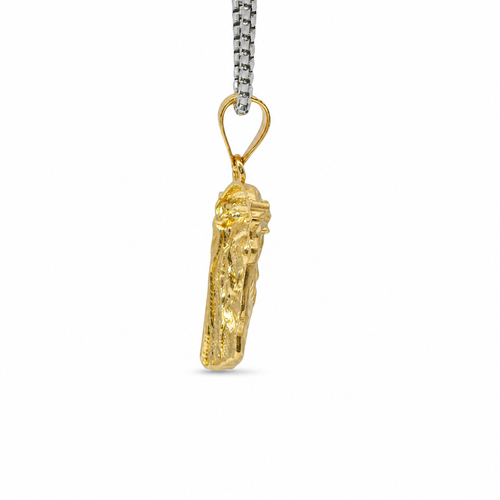 14KT Gold Charm Extra Small Diamond Cut Slant Bottom Jesus Head Front Portrait with Plain Bell