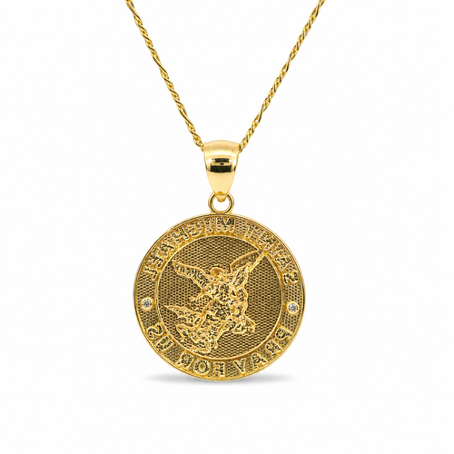 14KT Gold Charm Extra Large Two Tone St Michael Coin with "PRAY FOR US" Border and Plain Bell
