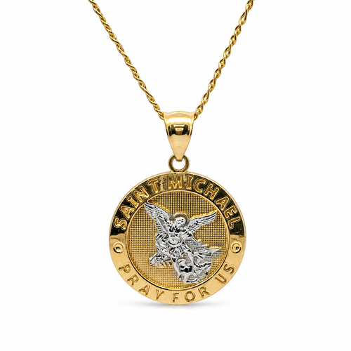 14KT Gold Charm Extra Large Two Tone St Michael Coin with "PRAY FOR US" Border and Plain Bell
