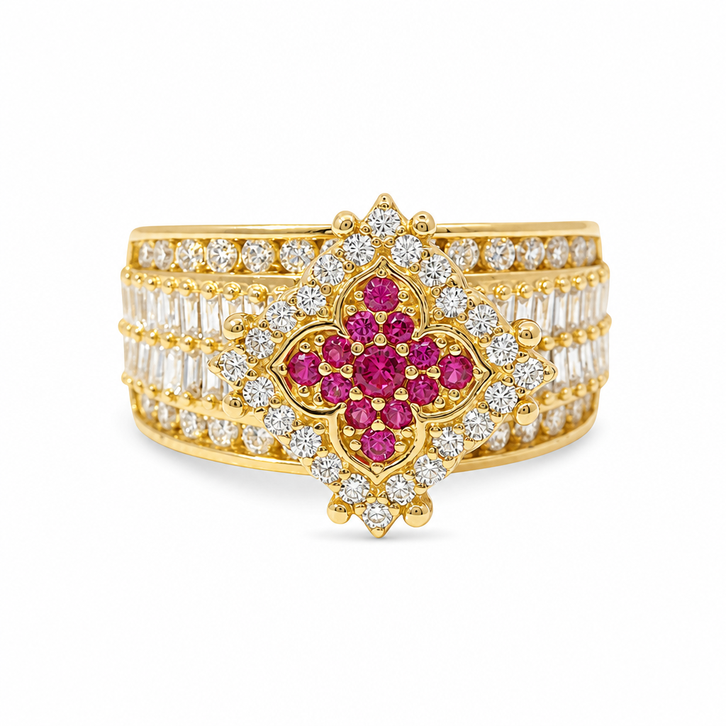 14KT Gold Ring Women's Eight Prong Square Dark Pink Clover Cluster CZ Stones with Plain Outline and White CZ Stones Border and Double Row Baguette Band Center with Round White CZ Borders