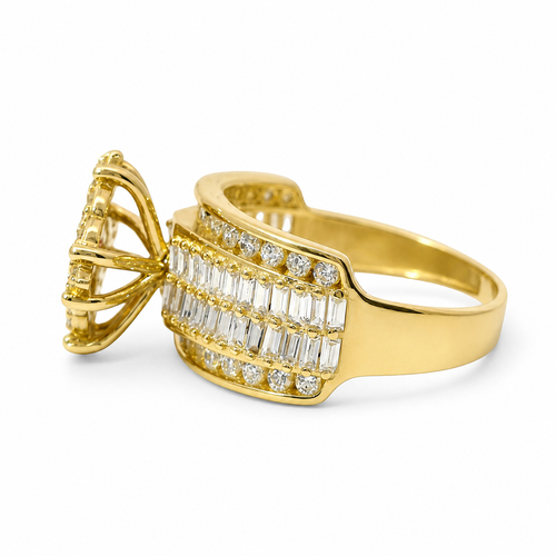 14KT Gold Ring Women's Eight Prong Square Dark Pink Clover Cluster CZ Stones with Plain Outline and White CZ Stones Border and Double Row Baguette Band Center with Round White CZ Borders