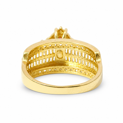 14KT Gold Ring Women's Eight Prong Square Dark Pink Clover Cluster CZ Stones with Plain Outline and White CZ Stones Border and Double Row Baguette Band Center with Round White CZ Borders