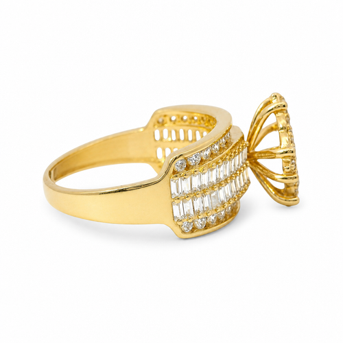 14KT Gold Ring Women's Eight Prong Square Dark Pink Clover Cluster CZ Stones with Plain Outline and White CZ Stones Border and Double Row Baguette Band Center with Round White CZ Borders