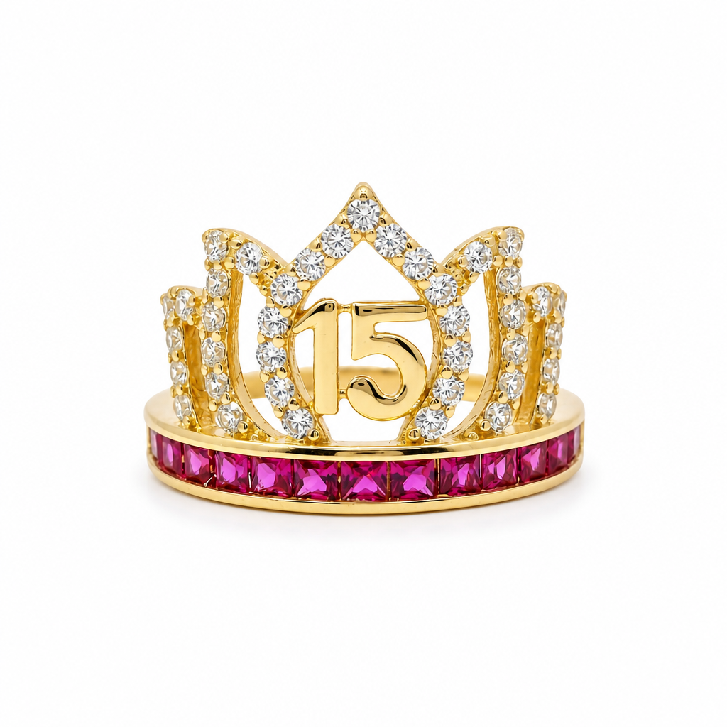 14KT Gold Ring Women's "15" Quinceanera Flame Tiara with Round White CZ Stones Outline and Dark Pink Square CZ Stones Band